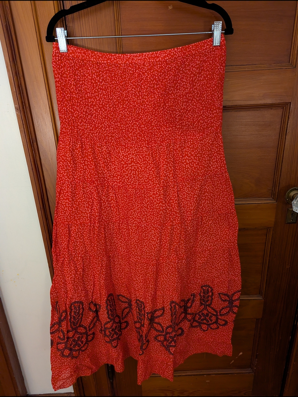 Free People Red Tiered Maxi Skirt with Black Floral Hem Embroidery